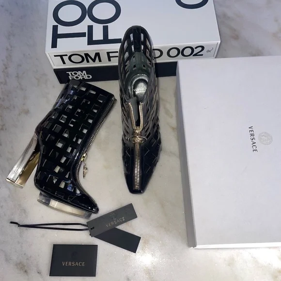 Versace Black Patent Leather Plexiglass PVC Platform Cutout Caged Boots Moody - Picture 12 of 17